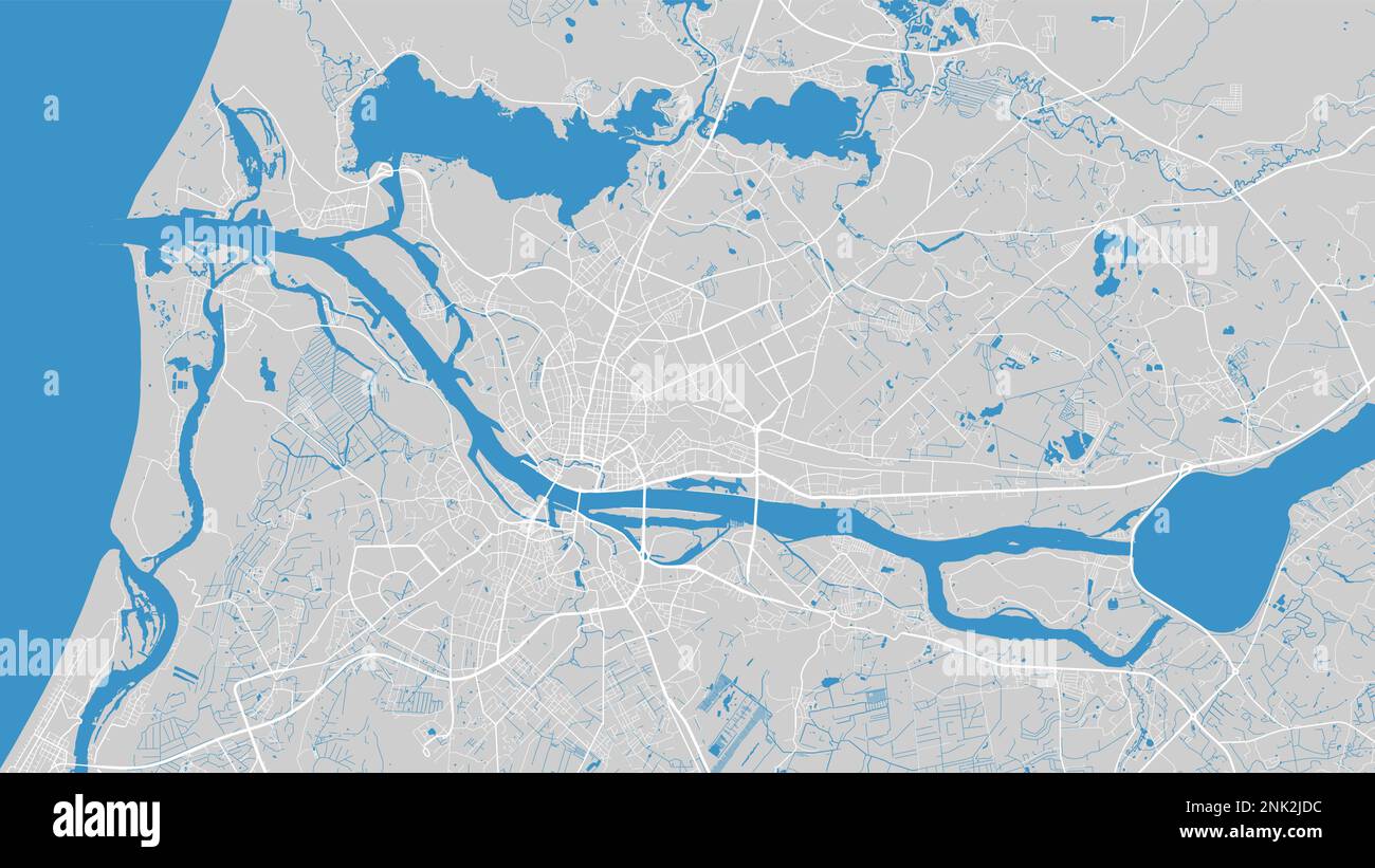 Mappa del fiume Daugava, città di riga, Lettonia. Corso d'acqua, flusso d'acqua, blu su sfondo grigio Road map. Illustrazione vettoriale, silhouette dettagliata. Illustrazione Vettoriale