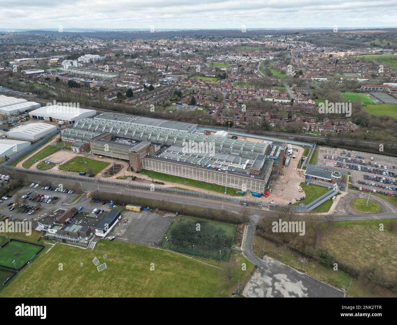 De la Rue printers Royal Mint Printing Works a Debden, Essex UK vista aerea drone Foto Stock