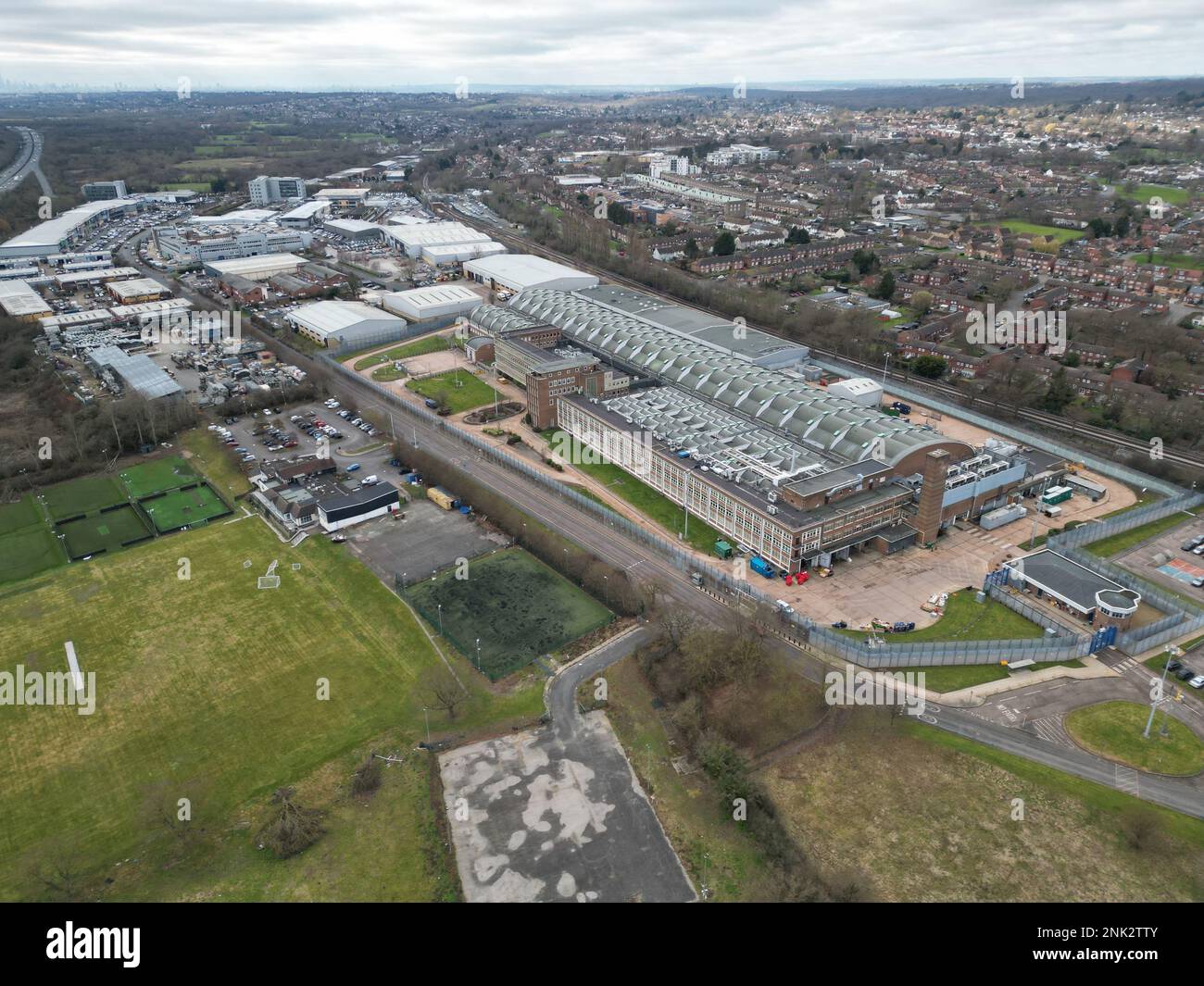 Royal Mint Printing Works a Debden, Essex UK drone vista aerea Foto Stock