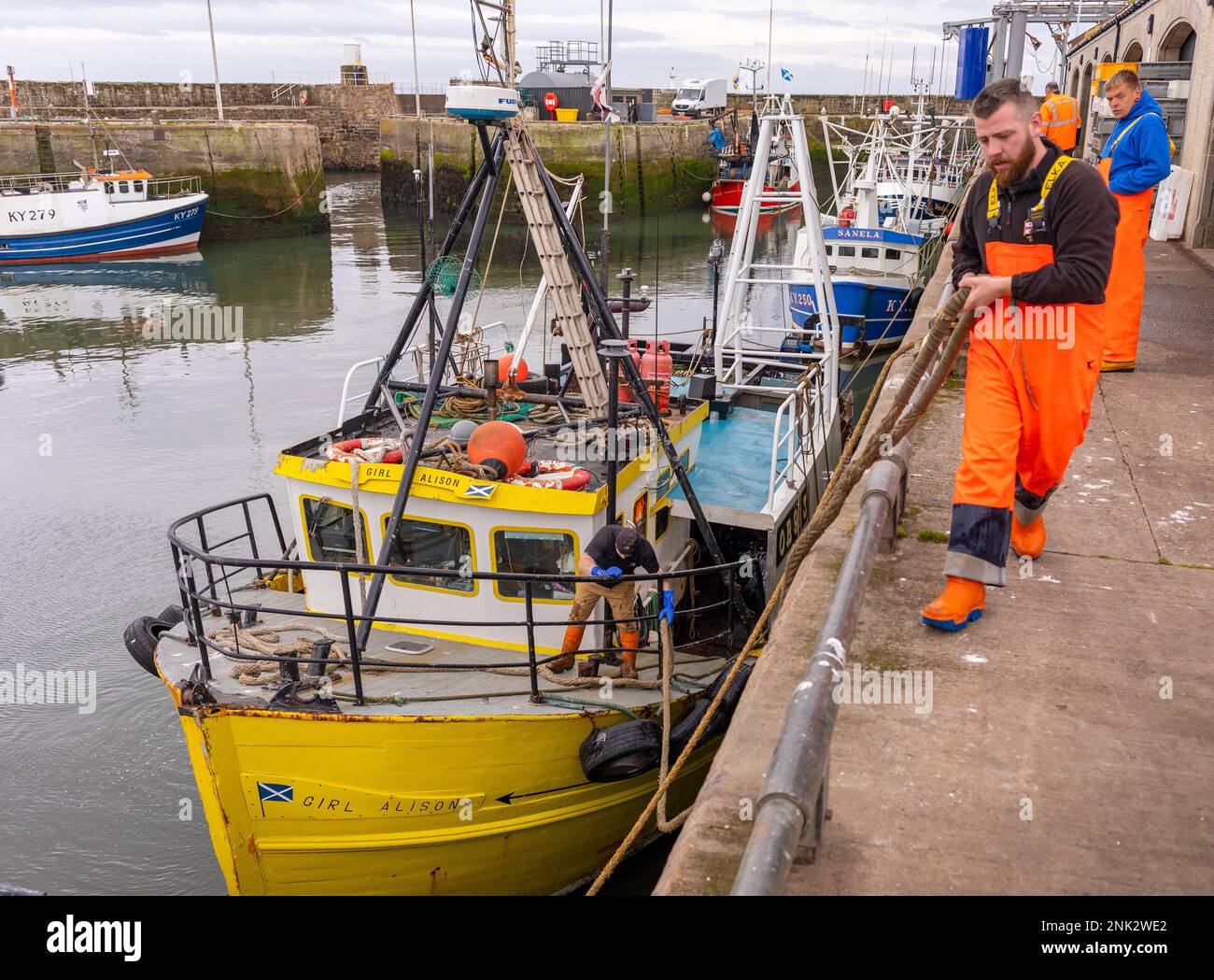 Porto di PITTENWEEM, SCOZIA, EUROPA - i pescatori commerciali gestiscono corde in un villaggio di pescatori sulla costa orientale della Scozia. Foto Stock