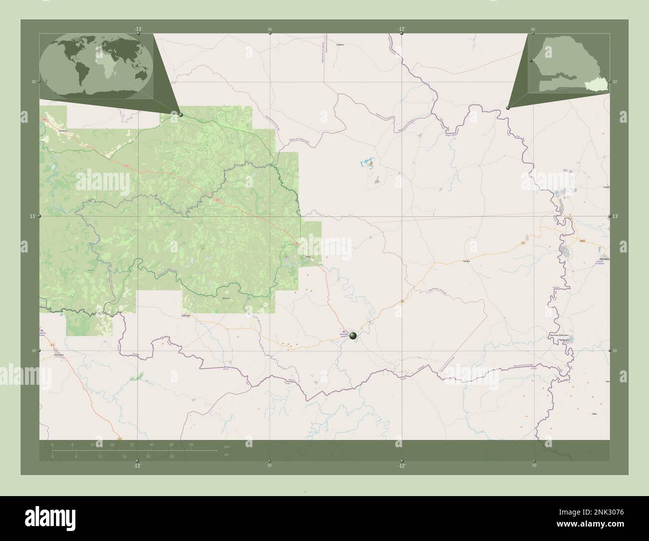 Kedougou, regione del Senegal. Aprire la mappa stradale. Mappe delle posizioni ausiliarie degli angoli Foto Stock