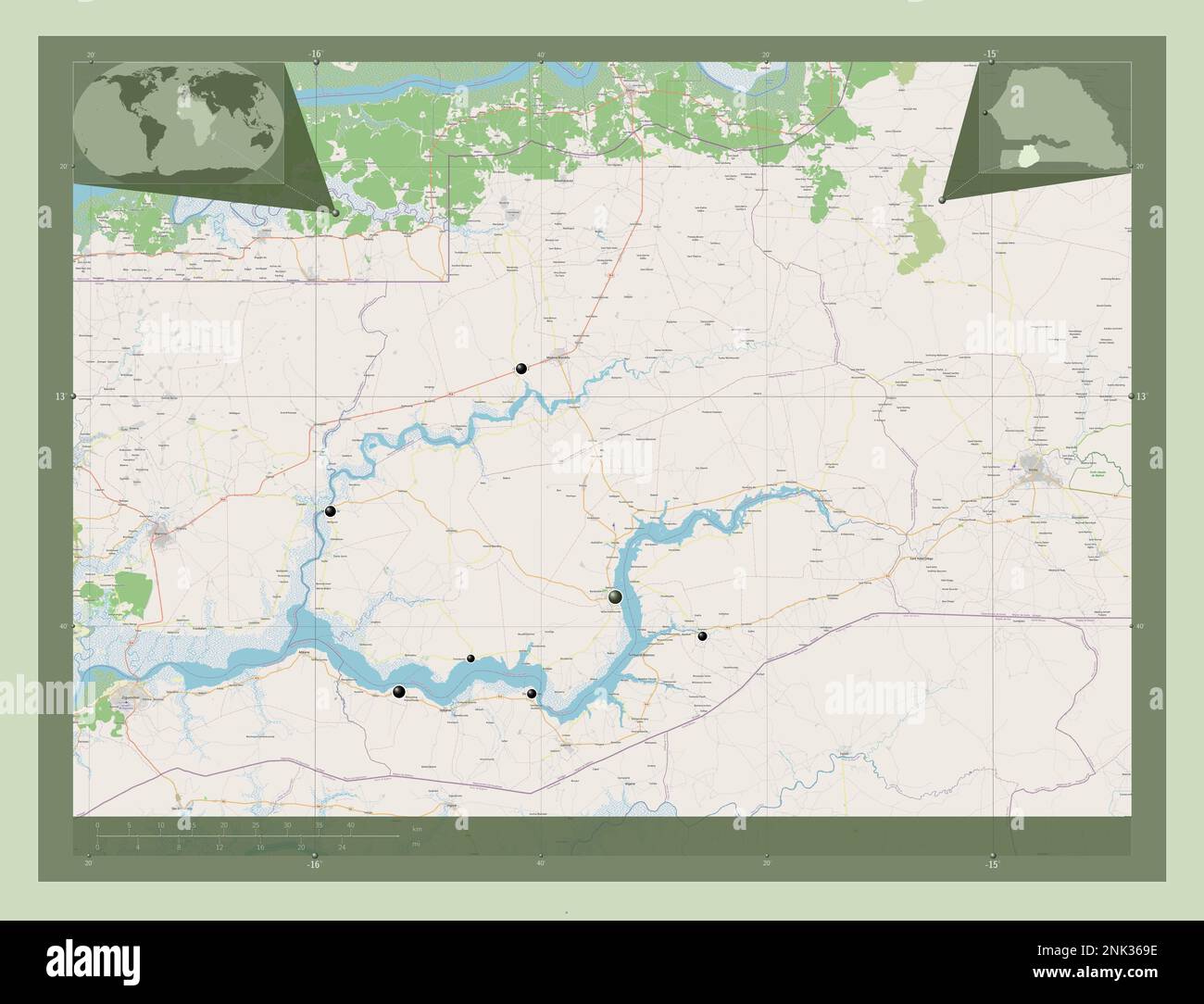 Sedhiou, regione del Senegal. Aprire la mappa stradale. Posizioni delle principali città della regione. Mappe delle posizioni ausiliarie degli angoli Foto Stock