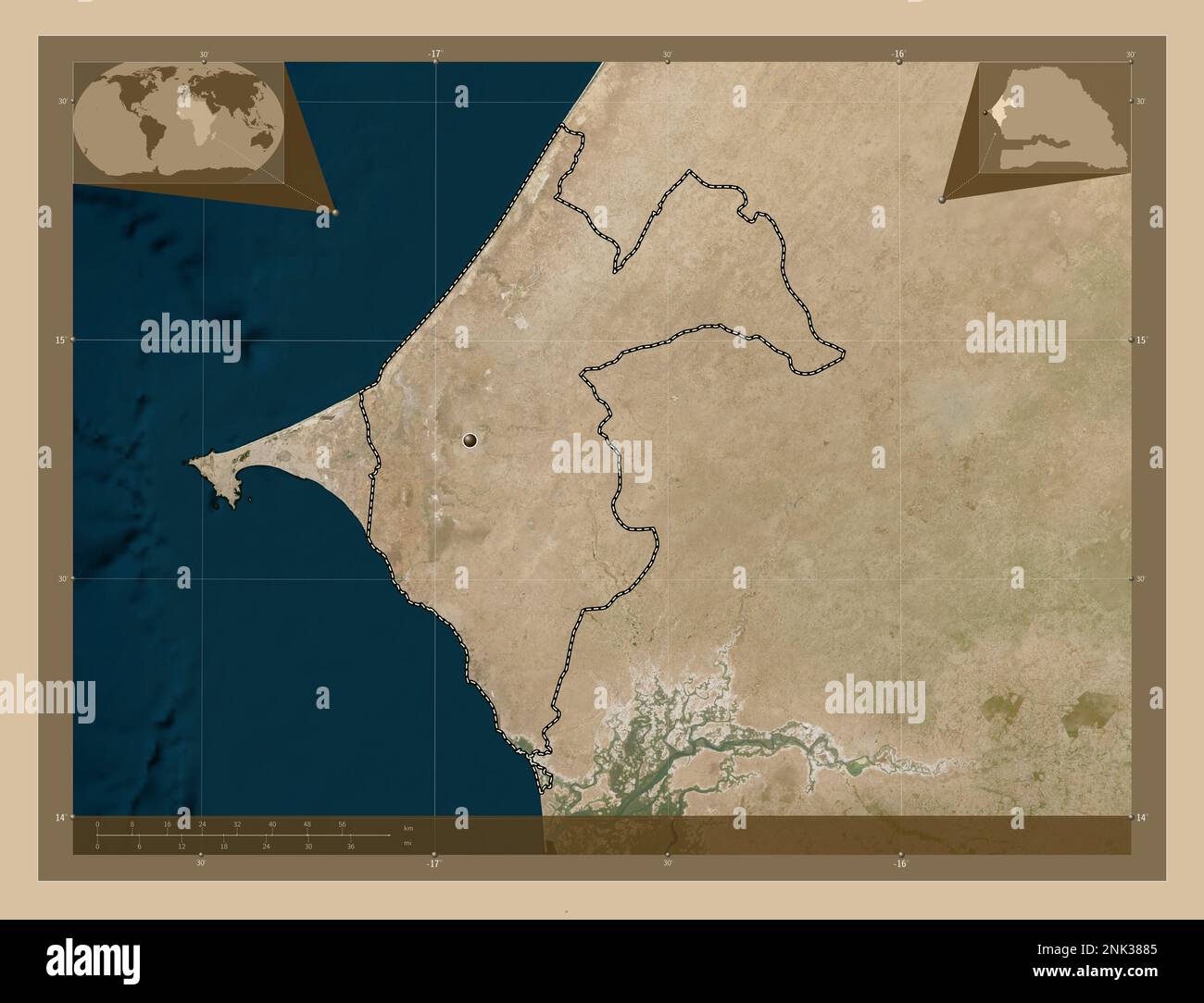 Ties, regione del Senegal. Mappa satellitare a bassa risoluzione. Mappe delle posizioni ausiliarie degli angoli Foto Stock