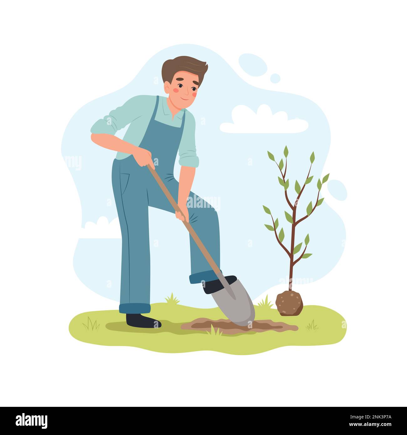 Uomo che scava terra con la pala per piantare un albero. Maschio che lavora in giardino. Carino vettore illusione in stile cartone animato piatto Illustrazione Vettoriale