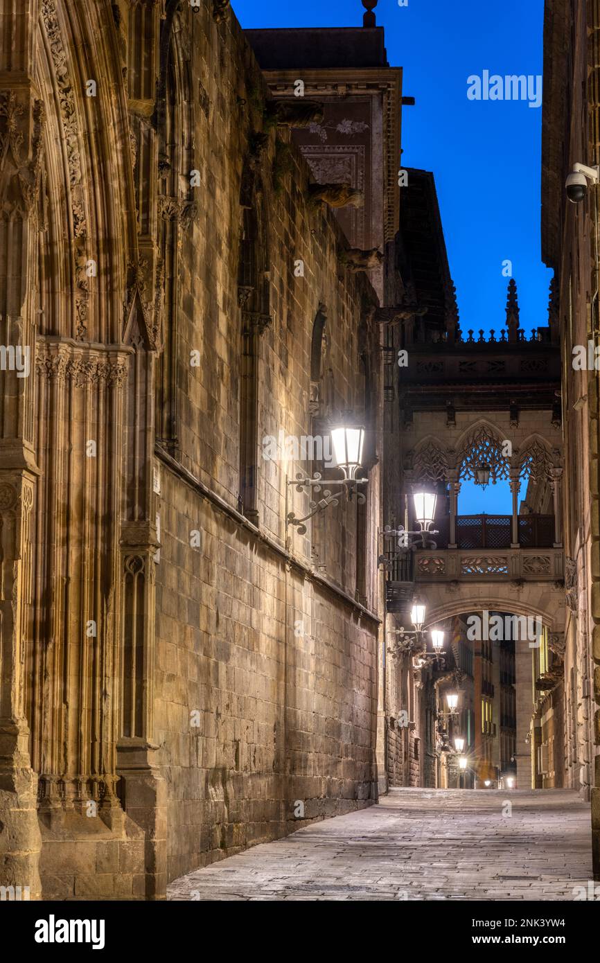 Il Barrio Gotico nel centro storico di Barcellona al crepuscolo con il Pont del Bispe Foto Stock