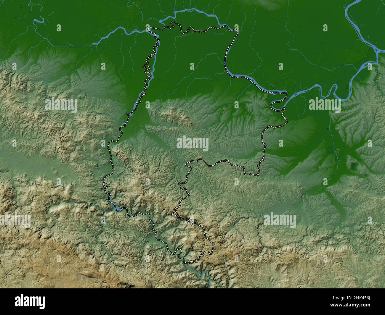 Macvanski, distretto della Serbia. Mappa di altitudine colorata con laghi e fiumi Foto Stock