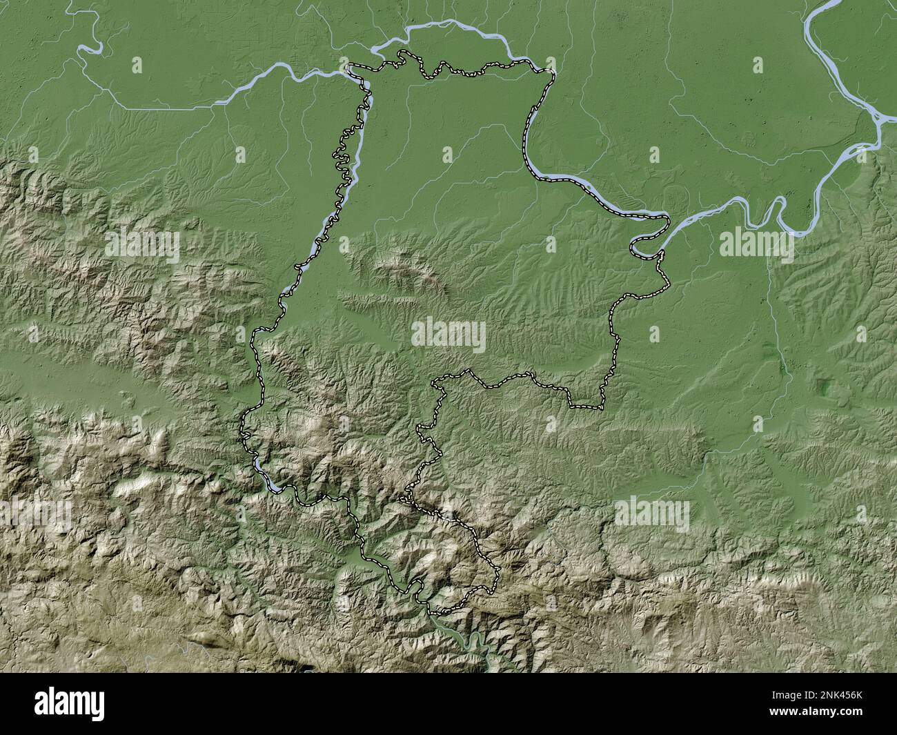 Macvanski, distretto della Serbia. Mappa dell'altitudine colorata in stile wiki con laghi e fiumi Foto Stock