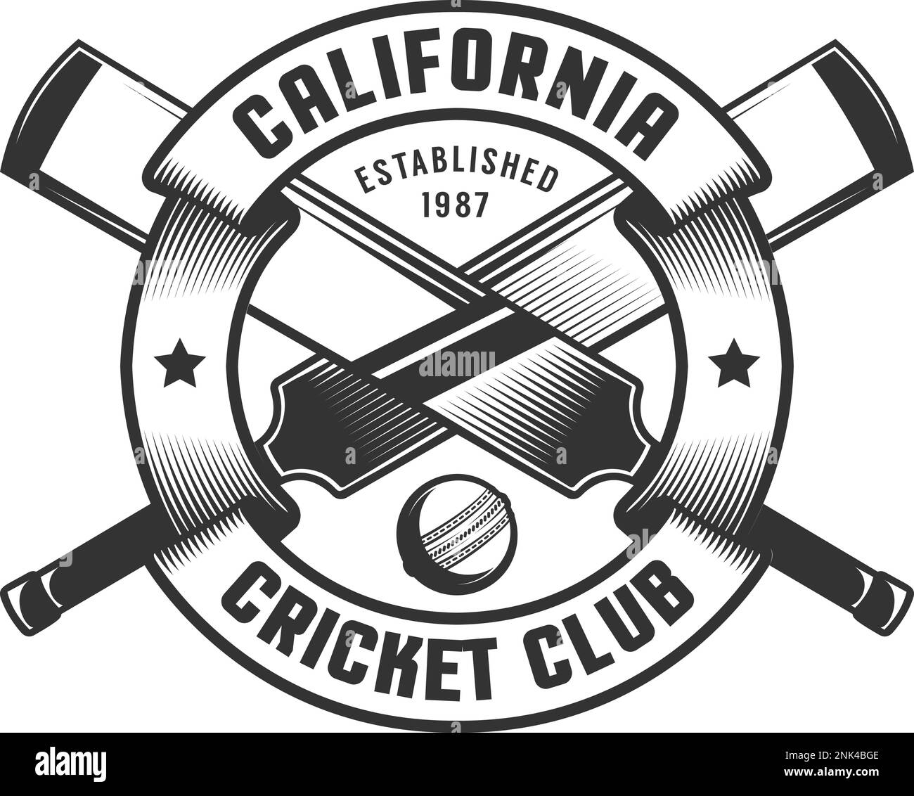 Distintivo vintage Cricket club con pipistrelli e palla Illustrazione Vettoriale