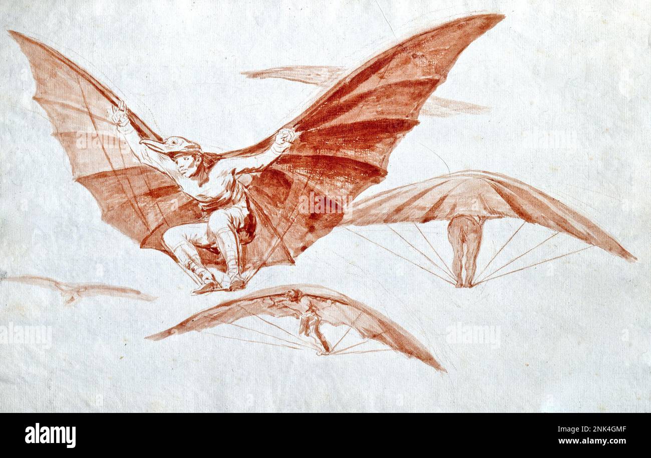 Francisco de Goya y Lucientes - Ways of Flying from the 'Disparates' - 1816 - cinque uomini che indossano caschi come le teste degli uccelli volano aiutati da ali. Foto Stock