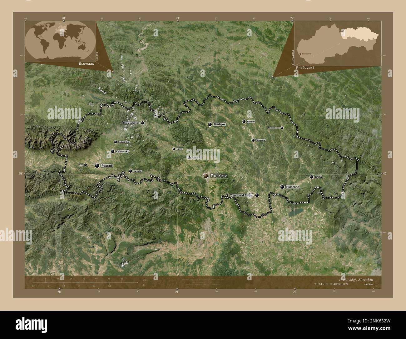 Presovsky, regione della Slovacchia. Mappa satellitare a bassa risoluzione. Località e nomi delle principali città della regione. Mappe delle posizioni ausiliarie degli angoli Foto Stock