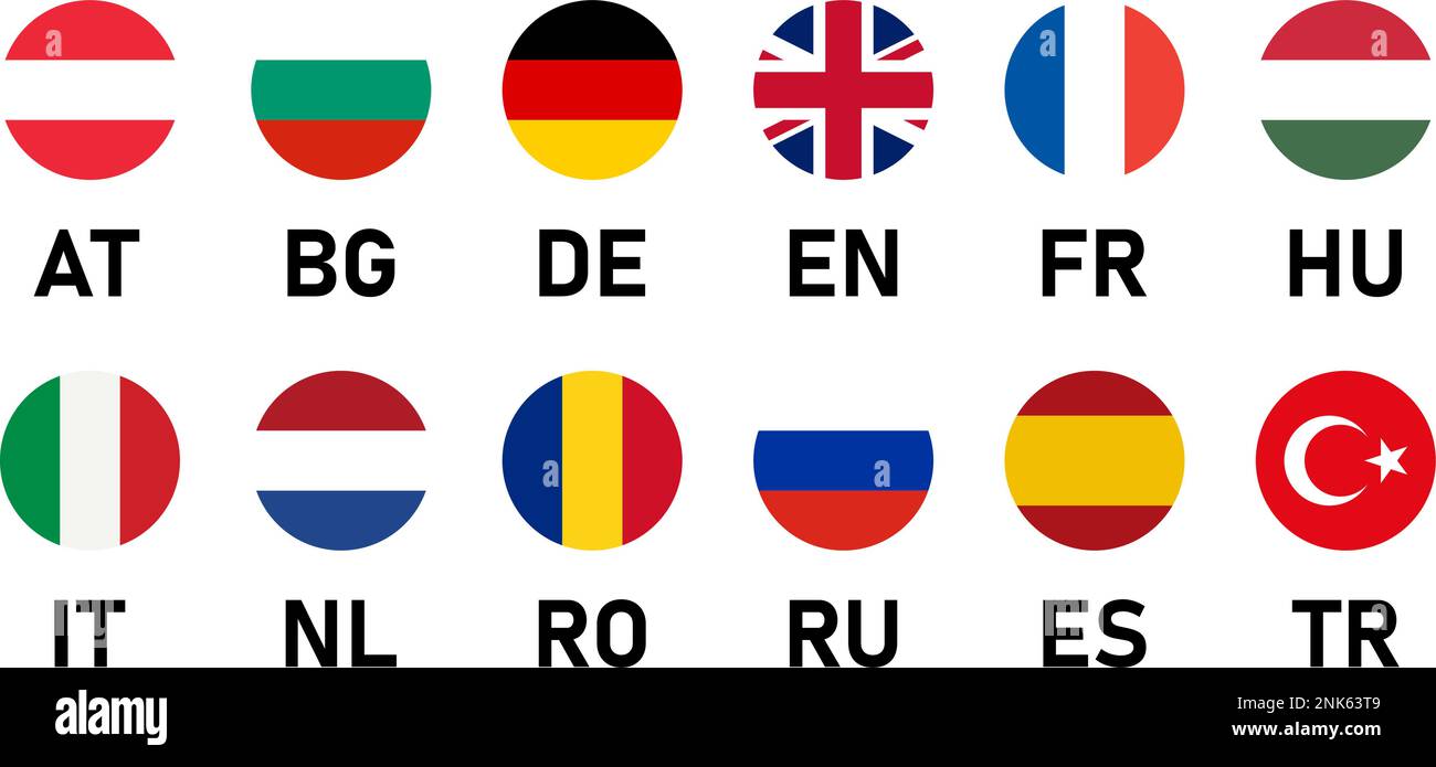 Icona Bandiera rotonda insieme di Austria Bulgaria Germania Regno Unito Francia Ungheria Italia Paesi Bassi Romania Russia Spagna e Turchia. Immagine vettoriale. Illustrazione Vettoriale