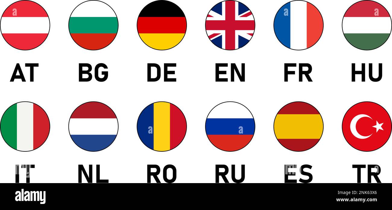 Icona Bandiera rotonda insieme di Austria Bulgaria Germania Regno Unito Francia Ungheria Italia Paesi Bassi Romania Russia Spagna e Turchia. Immagine vettoriale. Illustrazione Vettoriale