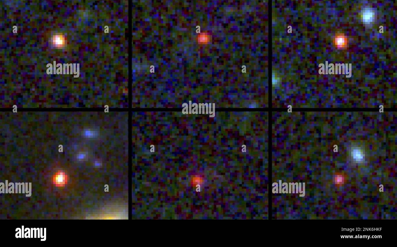IL TELESCOPIO JAMES WEBB mostra galassie che gli astronomi pensano esistessero tra 500 e 600 milioni di anni fa in questa foto rilasciata dalla NASA nel febbraio 2023. Foto Stock