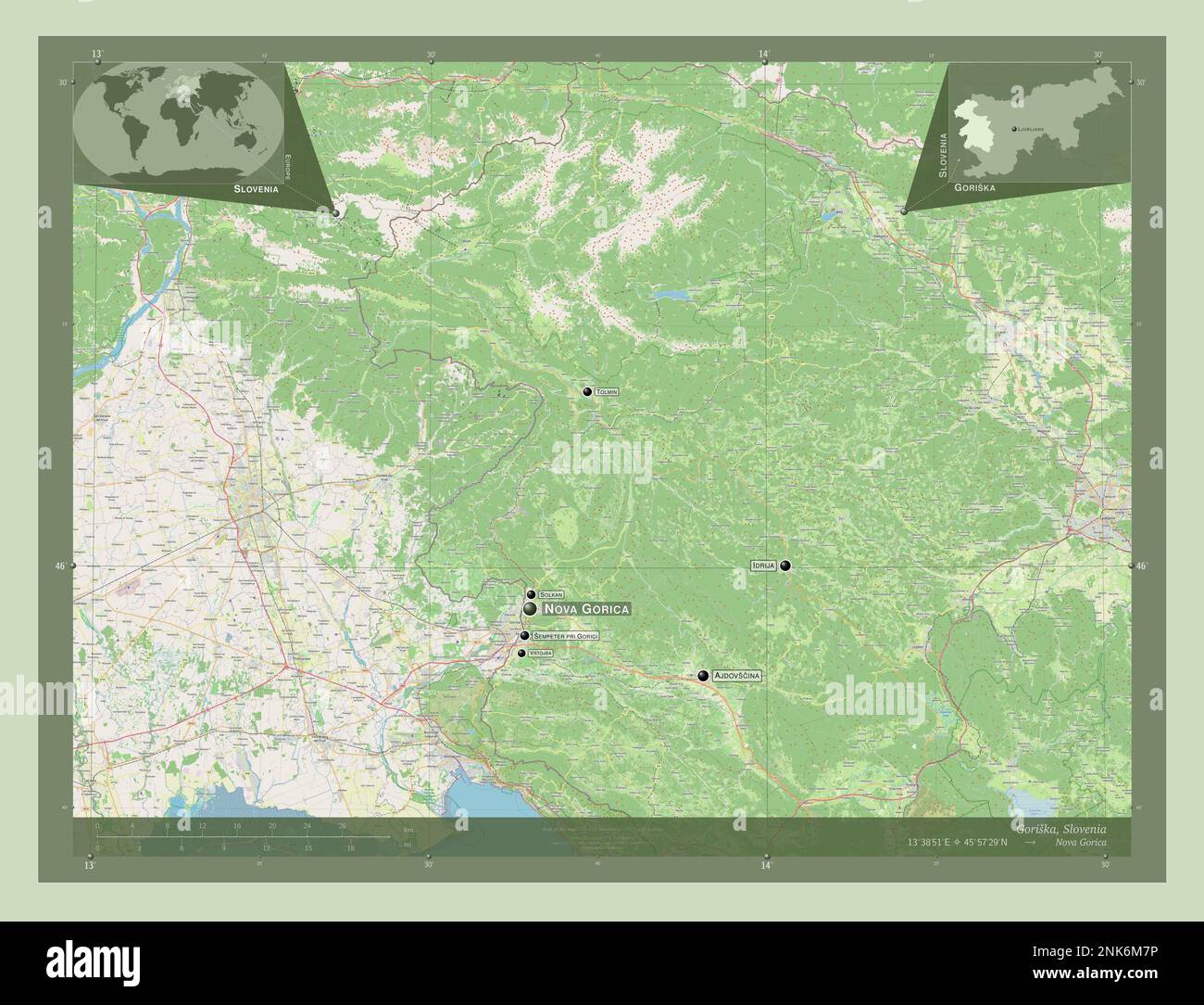 Goriska, regione statistica della Slovenia. Aprire la mappa stradale. Località e nomi delle principali città della regione. Mappe delle posizioni ausiliarie degli angoli Foto Stock