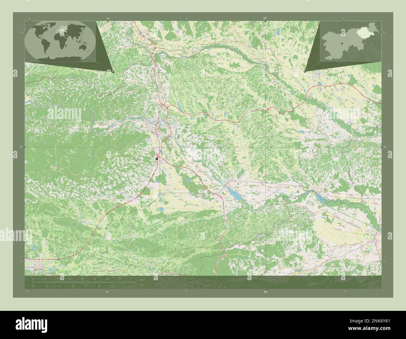 Podravska, regione statistica della Slovenia. Aprire la mappa stradale. Mappe delle posizioni ausiliarie degli angoli Foto Stock