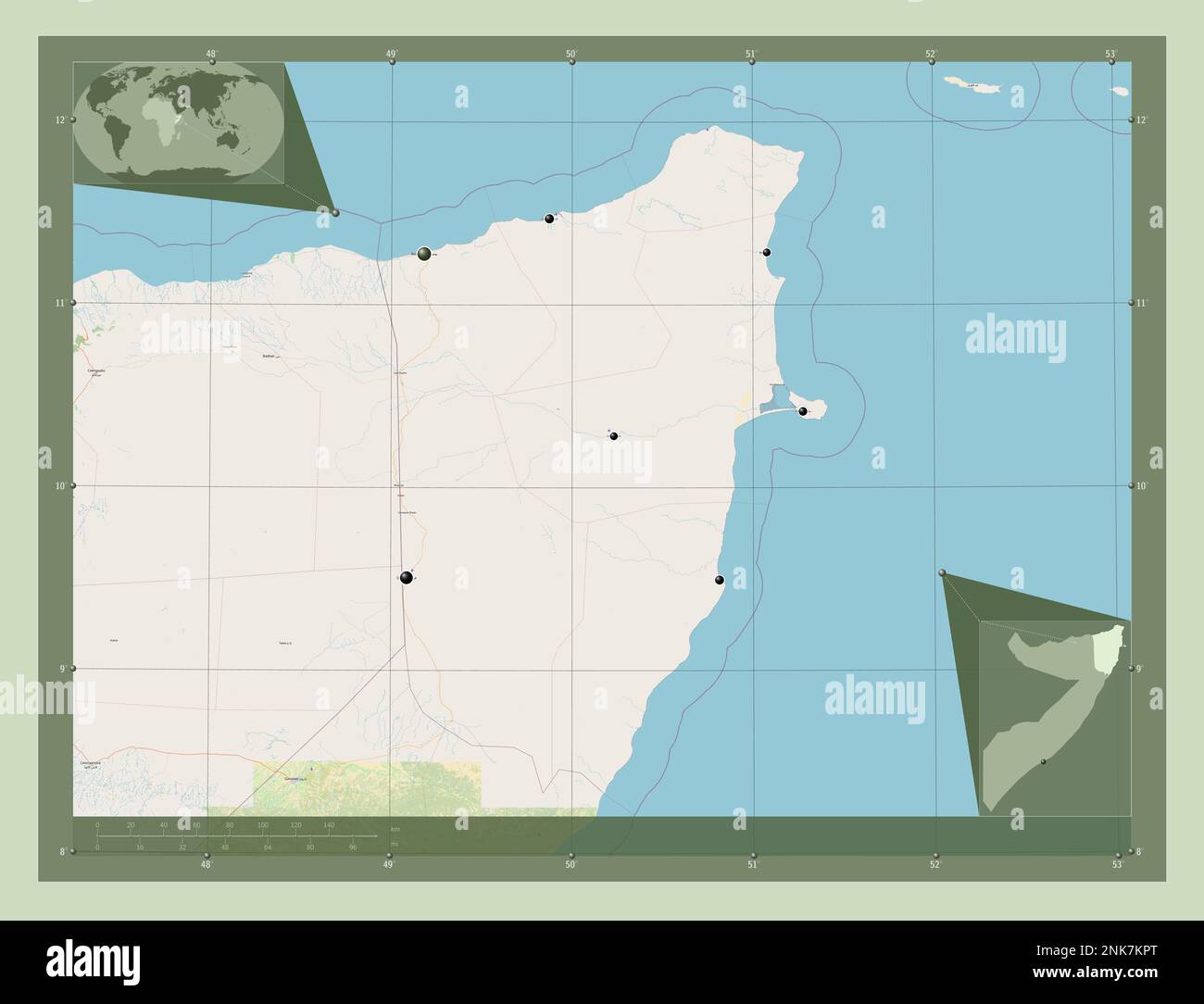 Bari, regione della Somalia. Aprire la mappa stradale. Posizioni delle principali città della regione. Mappe delle posizioni ausiliarie degli angoli Foto Stock