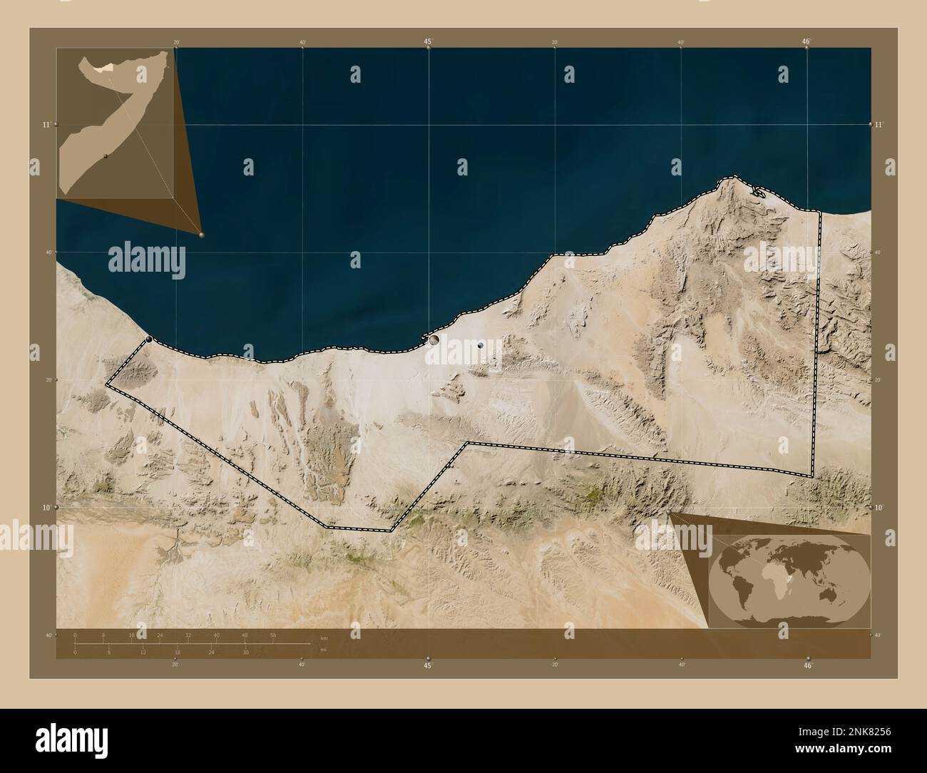 Sahil, regione della Somalia. Mappa satellitare a bassa risoluzione. Posizioni delle principali città della regione. Mappe delle posizioni ausiliarie degli angoli Foto Stock