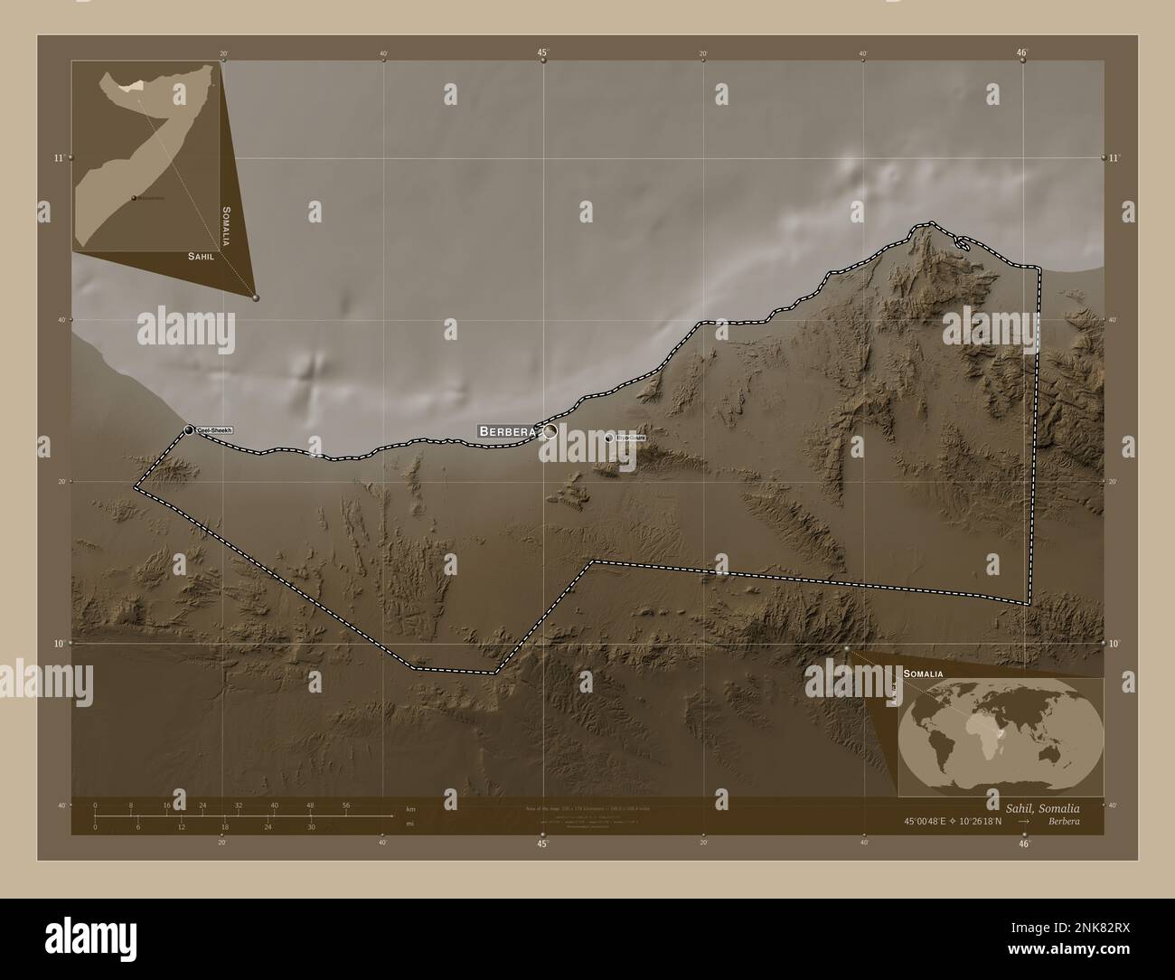 Sahil, regione della Somalia. Mappa dell'altitudine colorata in tonalità seppia con laghi e fiumi. Località e nomi delle principali città della regione. Angolo auxili Foto Stock