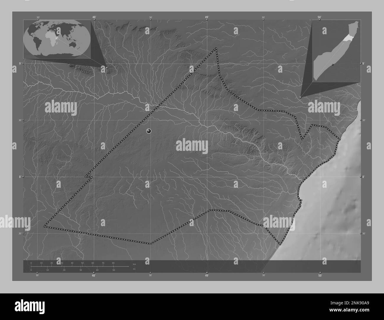 Nugaal, regione della Somalia continentale. Mappa in scala di grigi con laghi e fiumi. Mappe delle posizioni ausiliarie degli angoli Foto Stock