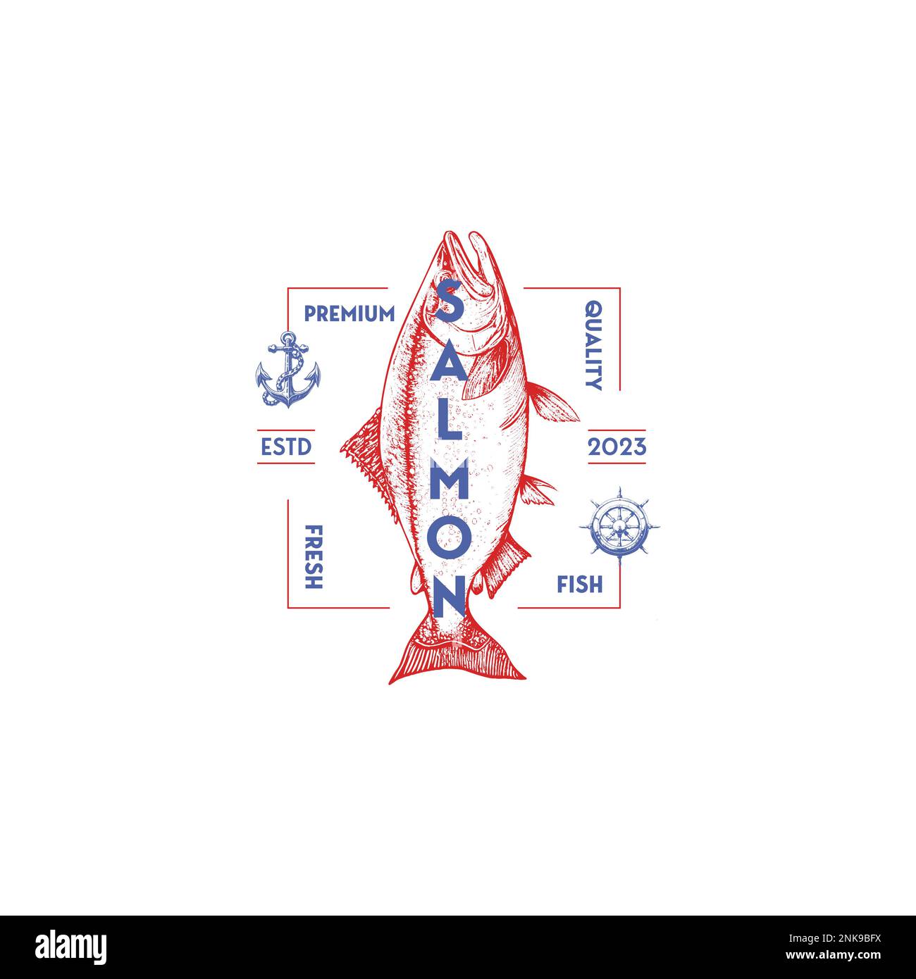 Logo Vector salmone vintage su sfondo bianco. Illustrazioni di pesci dell'Atlantico, del chinook, del calzeye e del salmone rosa Illustrazione Vettoriale