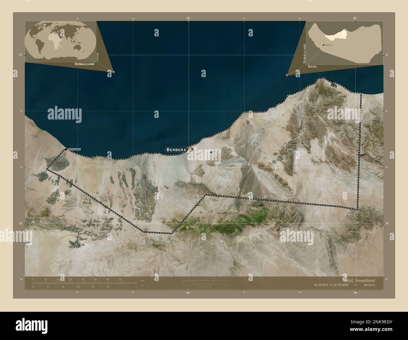 Sahil, regione del Somaliland. Mappa satellitare ad alta risoluzione. Località e nomi delle principali città della regione. Mappe delle posizioni ausiliarie degli angoli Foto Stock