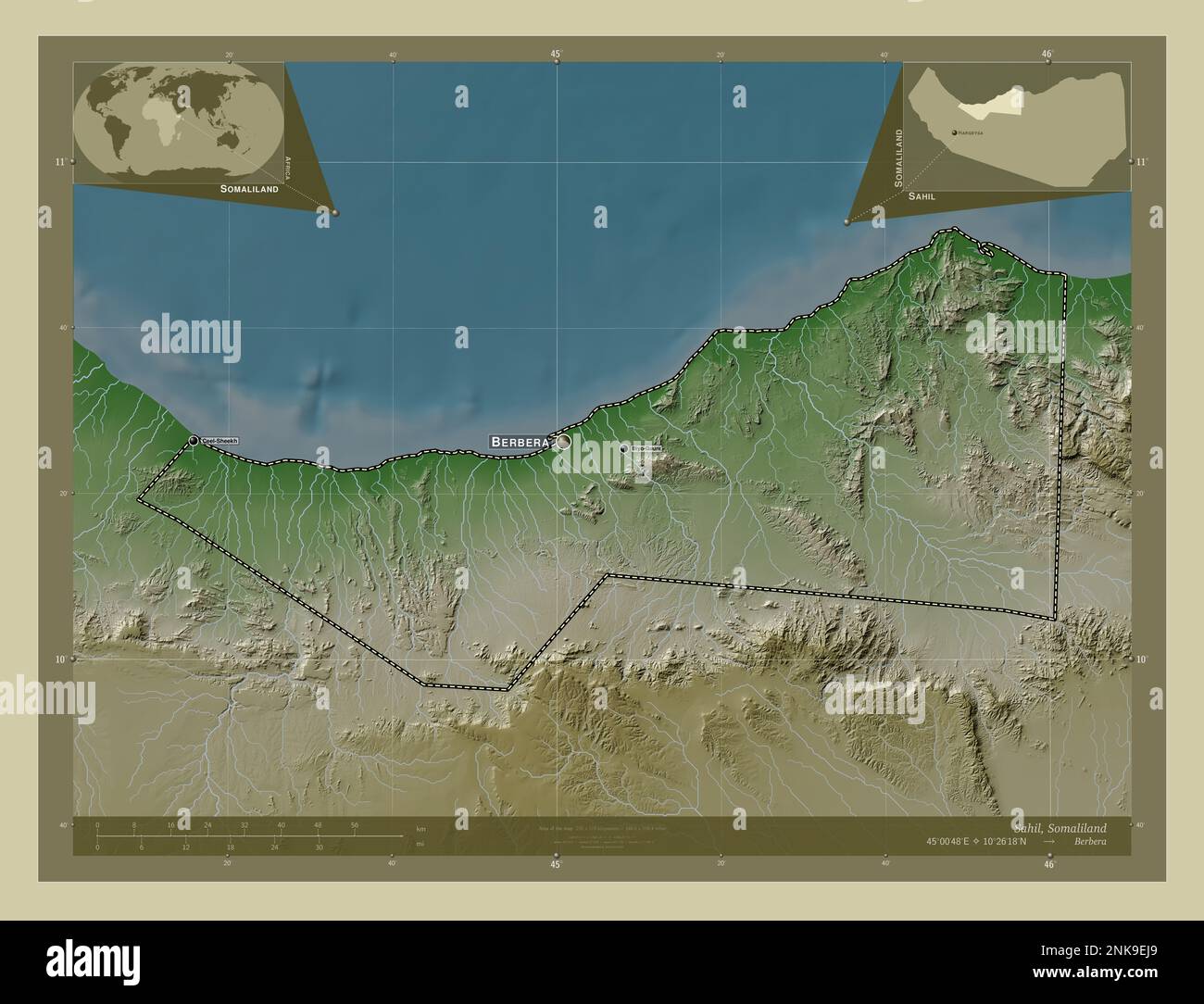 Sahil, regione del Somaliland. Mappa dell'altitudine colorata in stile wiki con laghi e fiumi. Località e nomi delle principali città della regione. Angolo auxi Foto Stock