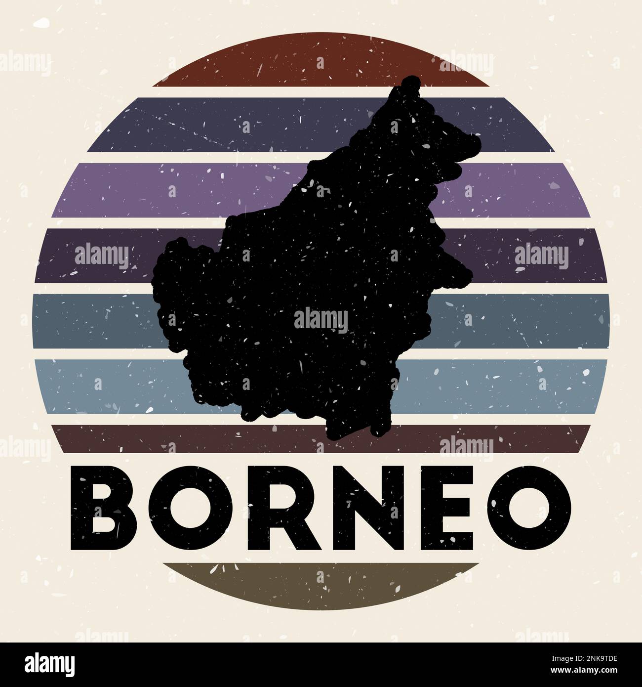 Logo Borneo. Segno con la mappa di isola e strisce colorate, illustrazione vettoriale. Può essere utilizzato come insegna, logotipo, etichetta, adesivo o badge della B. Illustrazione Vettoriale