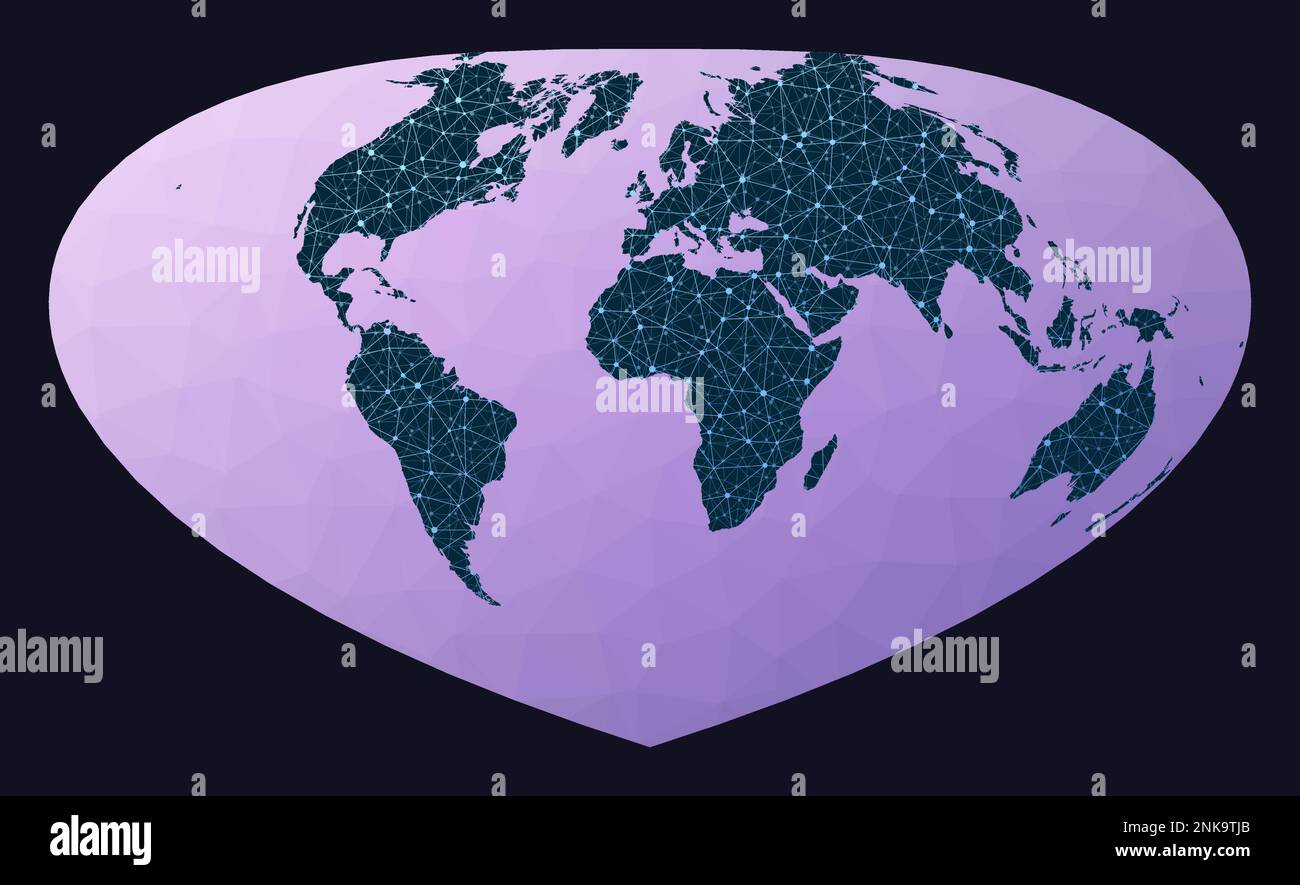 Grafico della mappa del mondo. Proiezione Bottomley. Mappa della rete mondiale. Globo cablato in proiezione Bottomley su sfondo geometrico a basso contenuto di poli. Illustrazione Vettoriale