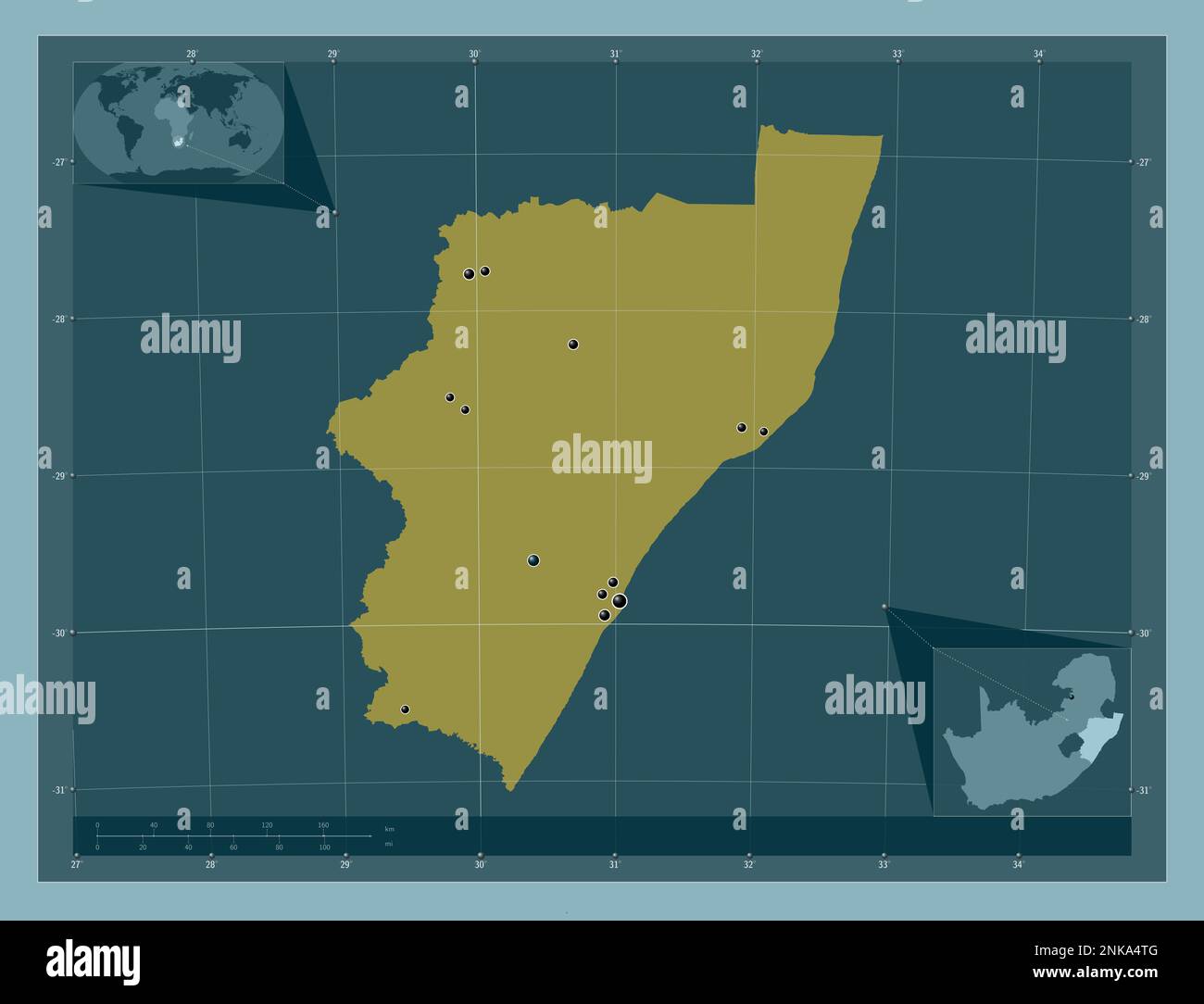 KwaZulu-Natal, provincia del Sudafrica. Forma a tinta unita. Posizioni delle principali città della regione. Mappe delle posizioni ausiliarie degli angoli Foto Stock