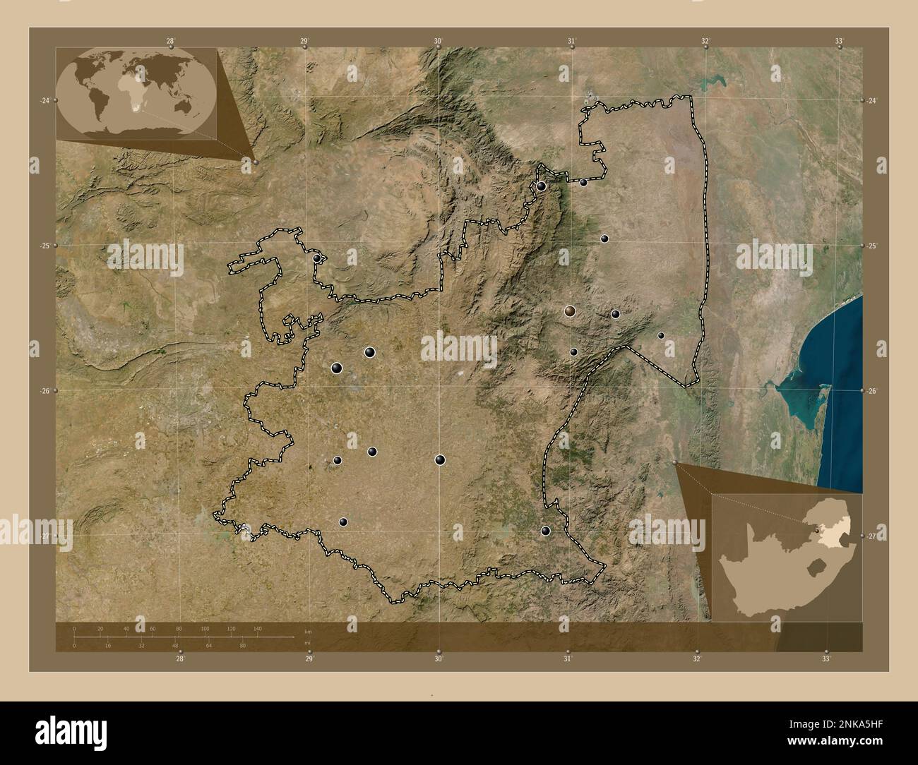Mpumalanga, provincia del Sud Africa. Mappa satellitare a bassa risoluzione. Posizioni delle principali città della regione. Mappe delle posizioni ausiliarie degli angoli Foto Stock