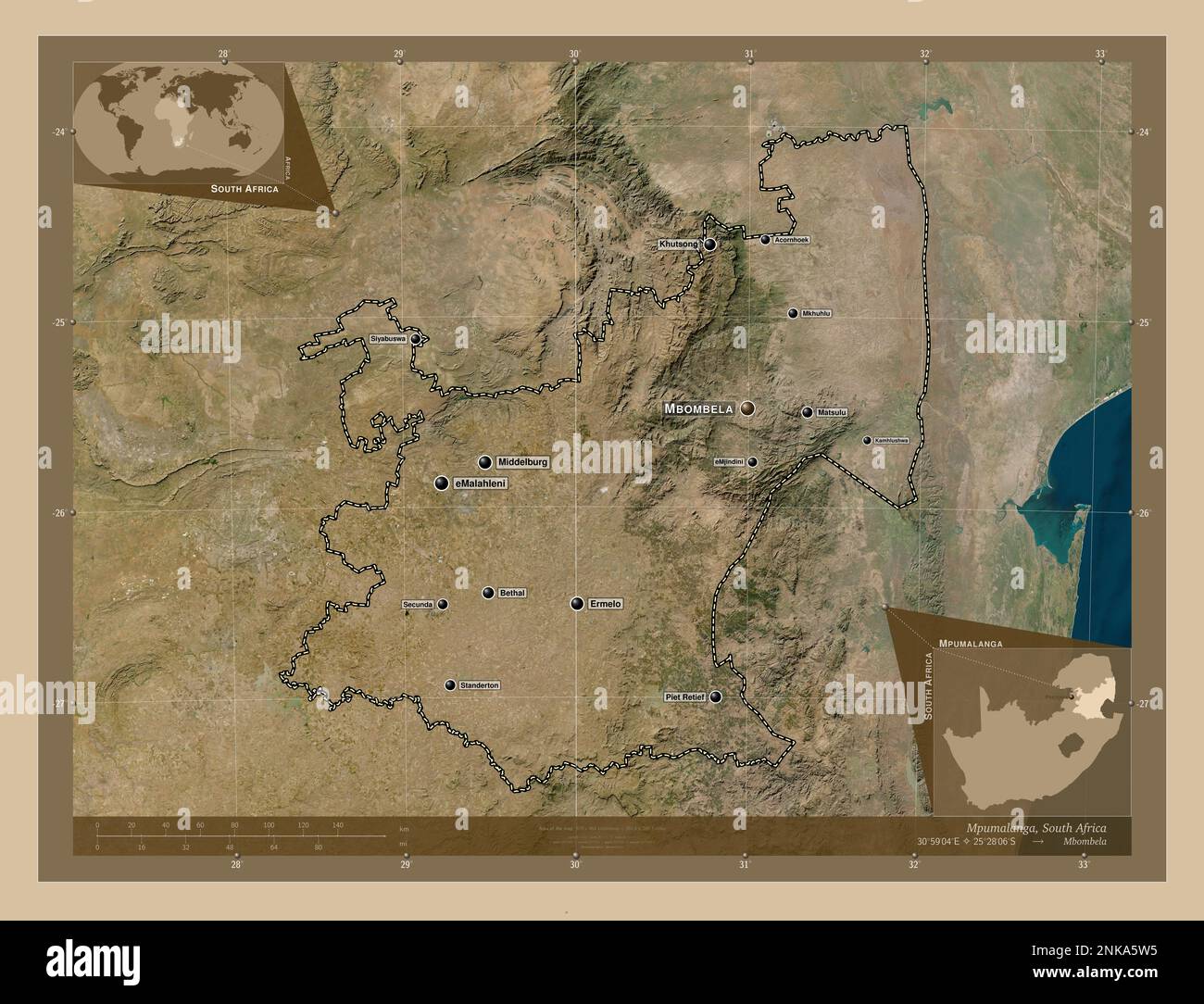 Mpumalanga, provincia del Sud Africa. Mappa satellitare a bassa risoluzione. Località e nomi delle principali città della regione. Mappe delle posizioni ausiliarie degli angoli Foto Stock