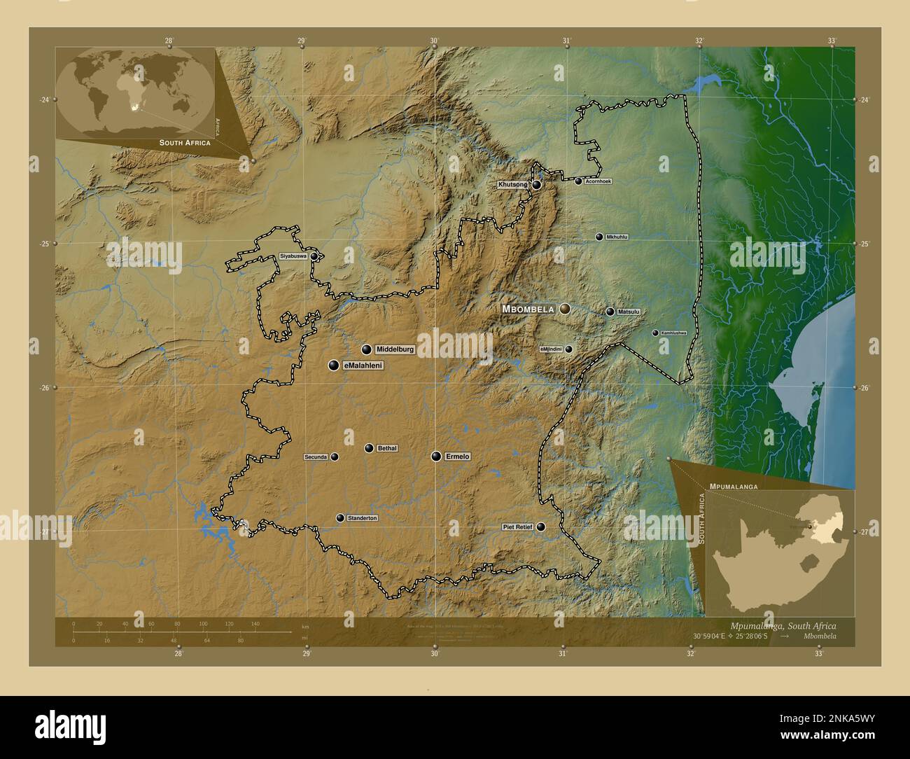 Mpumalanga, provincia del Sud Africa. Mappa di altitudine colorata con laghi e fiumi. Località e nomi delle principali città della regione. Angolo ausiliario Foto Stock