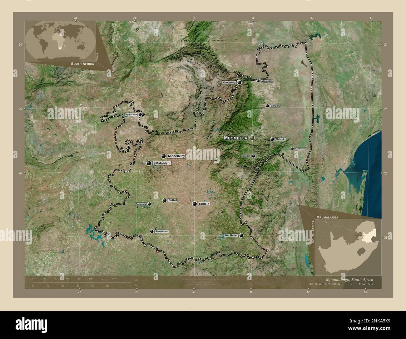 Mpumalanga, provincia del Sud Africa. Mappa satellitare ad alta risoluzione. Località e nomi delle principali città della regione. Mappe delle posizioni ausiliarie degli angoli Foto Stock