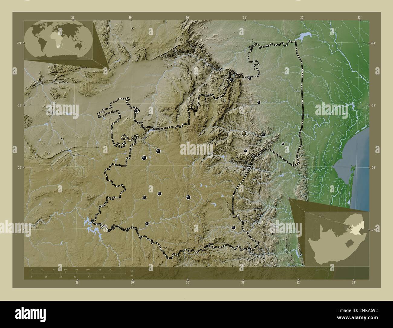 Mpumalanga, provincia del Sud Africa. Mappa dell'altitudine colorata in stile wiki con laghi e fiumi. Posizioni delle principali città della regione. Angolo auxil Foto Stock
