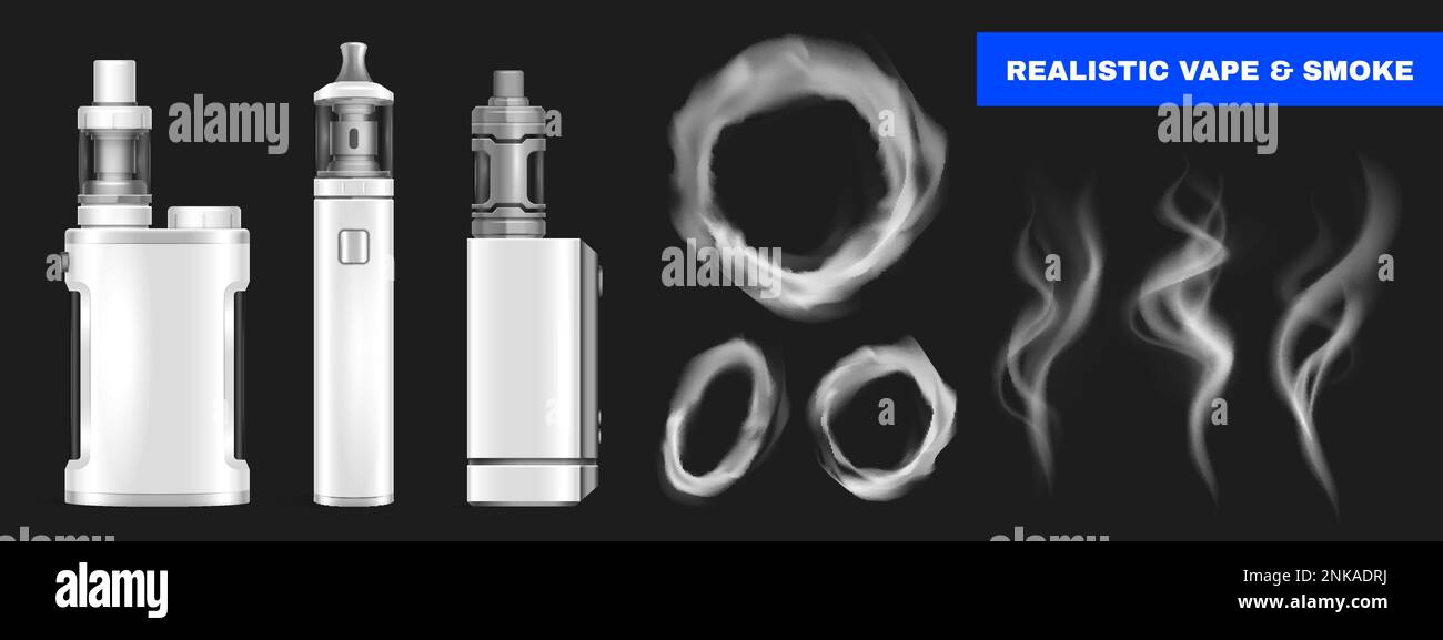 Set vape realistico con icone isolate di cerchi di fumo e puffs con dispositivi di vaporizzazione e illustrazione vettoriale di testo Illustrazione Vettoriale