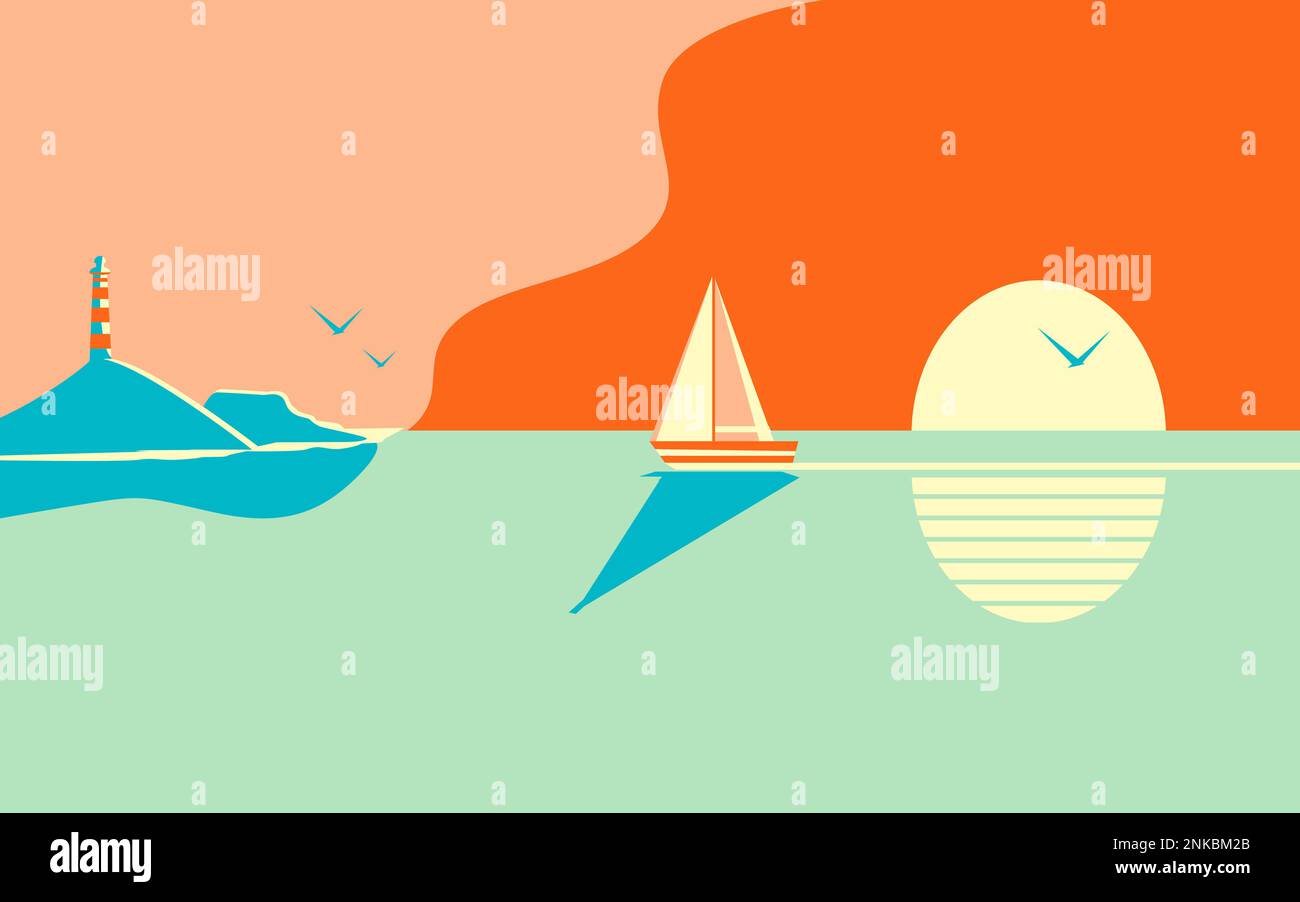 Bellissimo tramonto o alba mare. Uno yacht o un'imbarcazione marittima naviga sullo sfondo del tramonto o del sole che sorge Illustrazione Vettoriale
