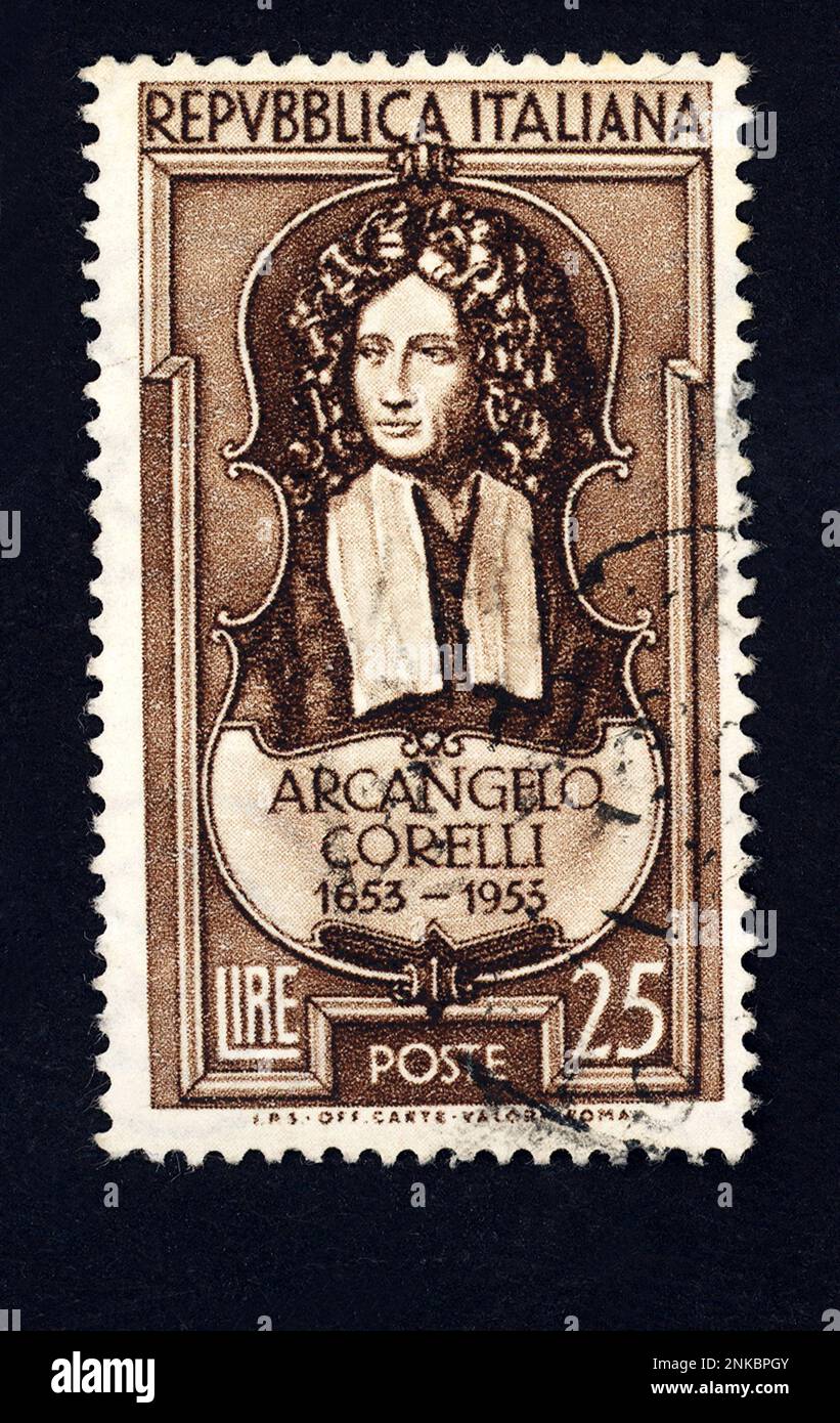 Il compositore italiano di musica barocca ARCANGELO CORELLI ( 1653 - 1713 ).- COMPOSITORE - MUSICA BAROCCA - francobollo commemorativo - poste italiane - violino - timbro postale --- Archivio GBB Foto Stock
