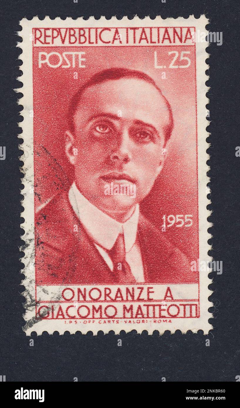 Il politico italiano GIACOMO MATTEOTTI uccise dai fascisti nel 1925 . Post Stamp Legname dalla posta italiana 1955 - POLITICA - POLITICO - POLITICO - POLITICO - francobollo commemorativo --- Archivio GBB Foto Stock