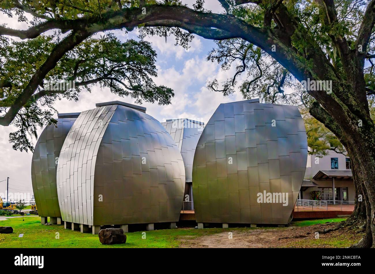 Quattro baccelli in acciaio inossidabile progettati dall'architetto Frank Gehry sono raffigurati al Museo d'Arte OHR-o'Keefe, 22 febbraio 2023, a Biloxi, Mississippi. Foto Stock