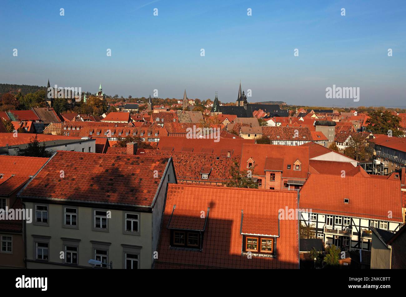 Vista sul centro storico di Quedlinburg dal giardino del castello, Sassonia-Anhalt, Germania Foto Stock