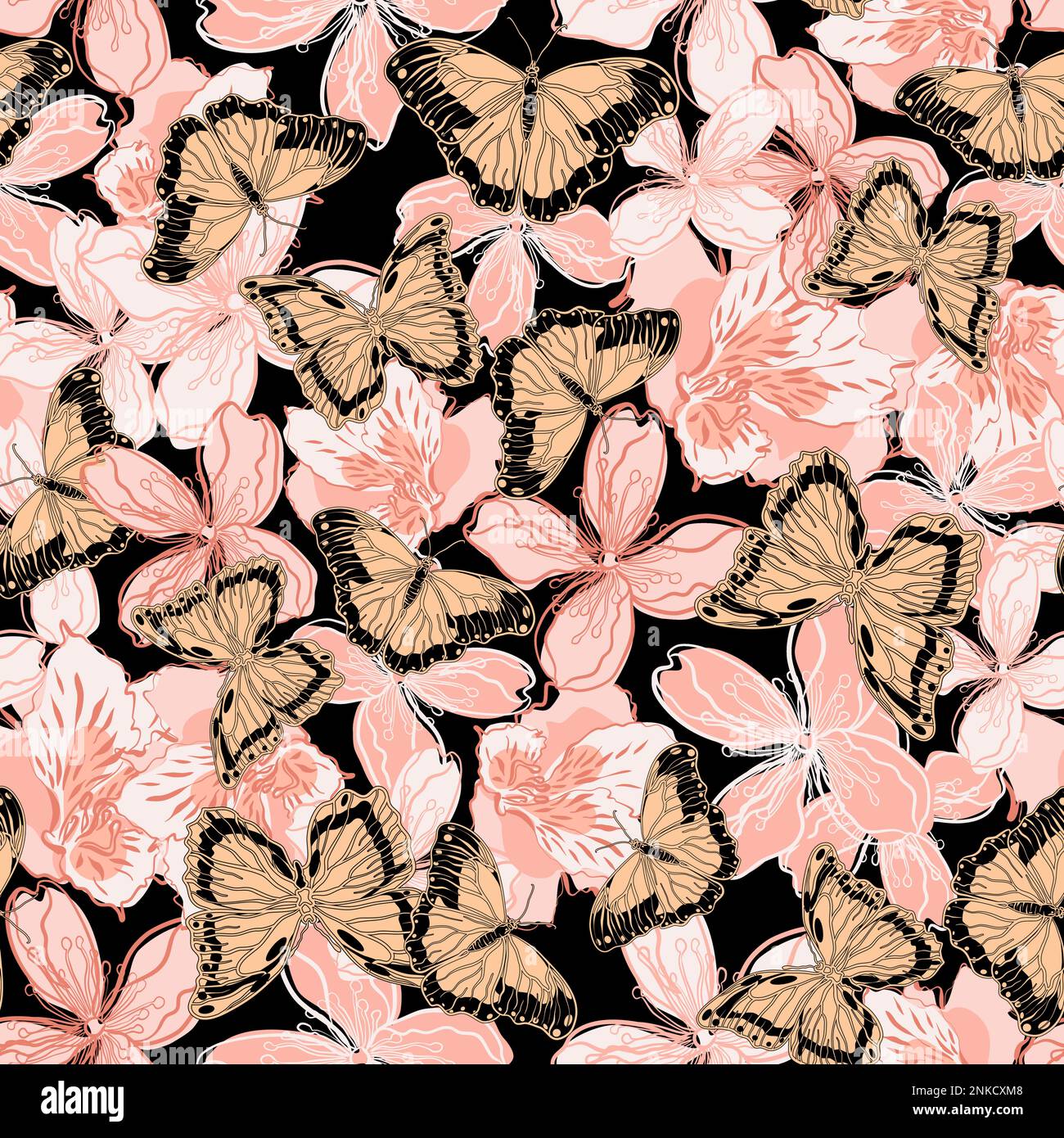 Motivo floreale senza cuciture con farfalle e fiori di alstroemeria illustrazione vettoriale Illustrazione Vettoriale