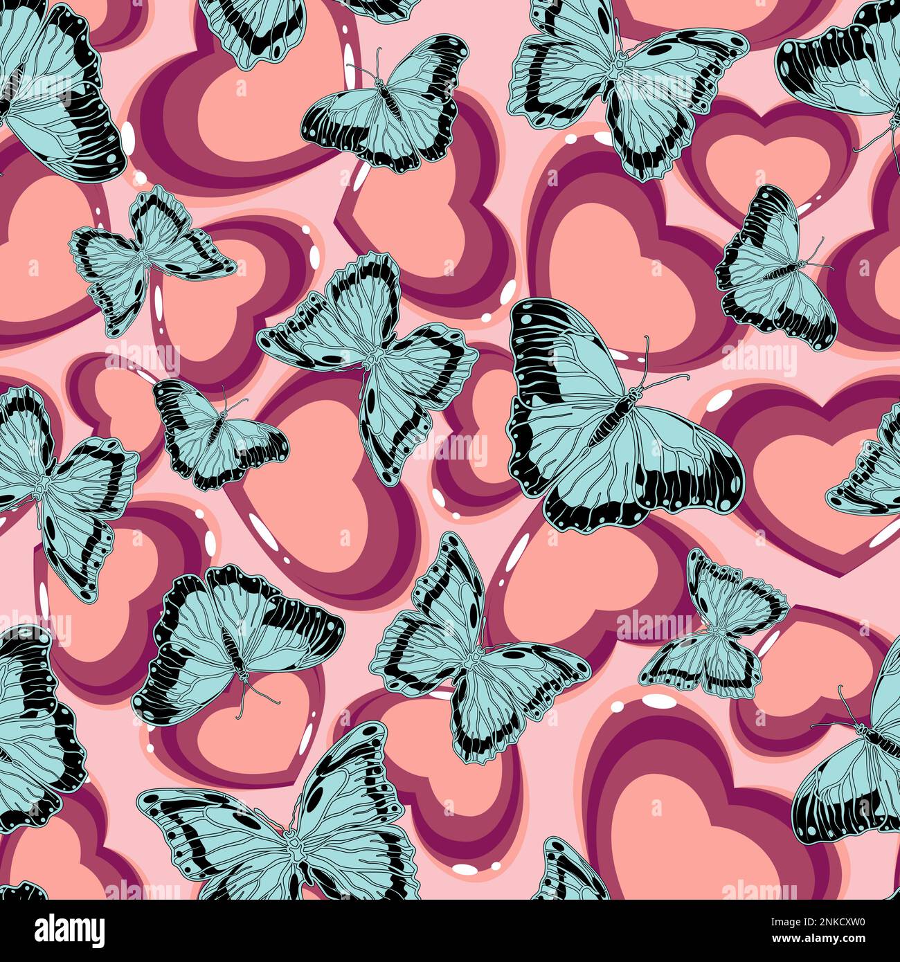 Pattern animalistico senza cuciture con pattern vettoriale farfalle e cuori Illustrazione Vettoriale