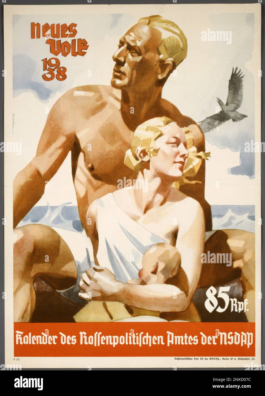 Copertina di un calendario di propaganda nazista 1938 per la rivista Neues Volk ('Un nuovo popolo') pubblicata dall'Ufficio del Partito nazista della politica razziale nella Germania nazista (il terzo Reich). Mostra un dipinto che mostra il concetto idealizzato di una famiglia tedesca sana come il nucleo della “Volksgemeinschaft”, una famiglia pura Aryan, con i tipi razziali ideali nazisti (un padre biondo, una madre e un bambino giovane), e un’aquila volante sullo sfondo Foto Stock