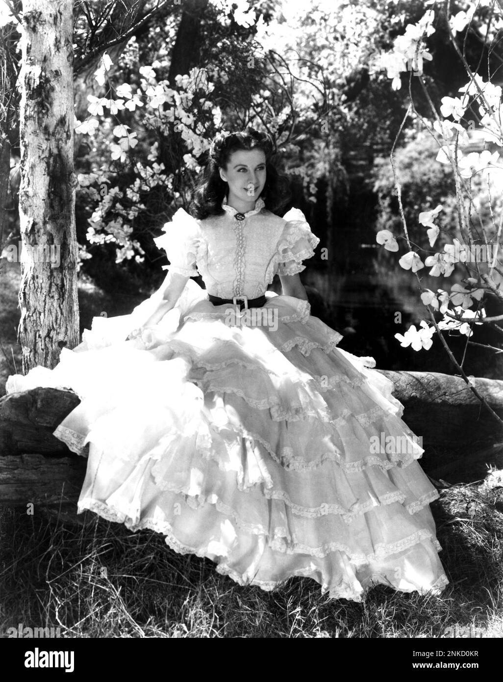 1939 , USA : l'attrice del film VIVIEN LEIGH ( 1913 - 1967 ) in VIA COL vento ( Via col vento ) Di Victor Fleming - CINEMA - FILM - volants - fiori - fiori - abito bianco - abito bianco - giardino - giardino - magnolia - fiori - fiori - prato --- Archivio GBB Foto Stock