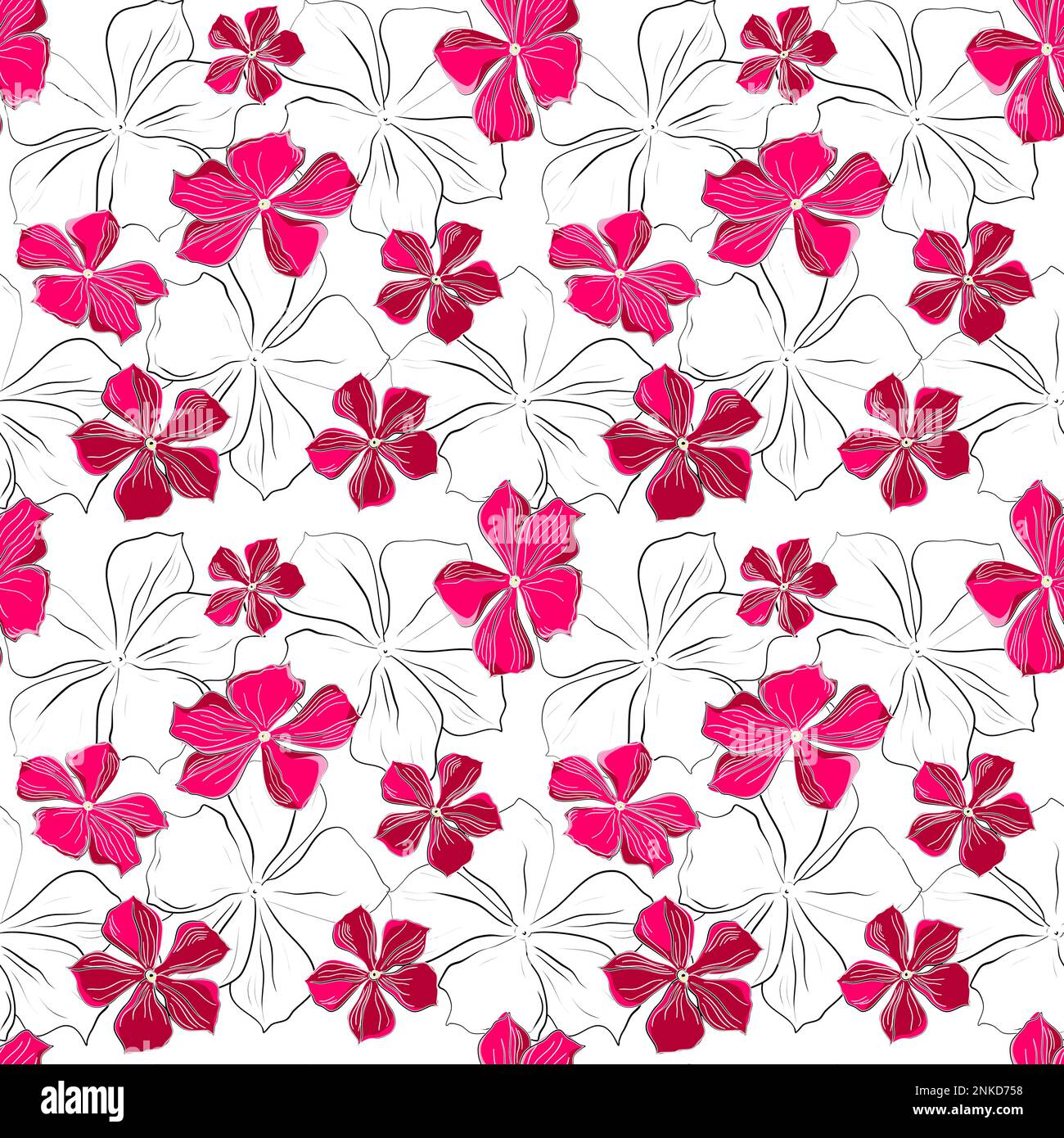Motivo di doodle floreale senza cuciture con disegno vettoriale di fiori rosa Illustrazione Vettoriale