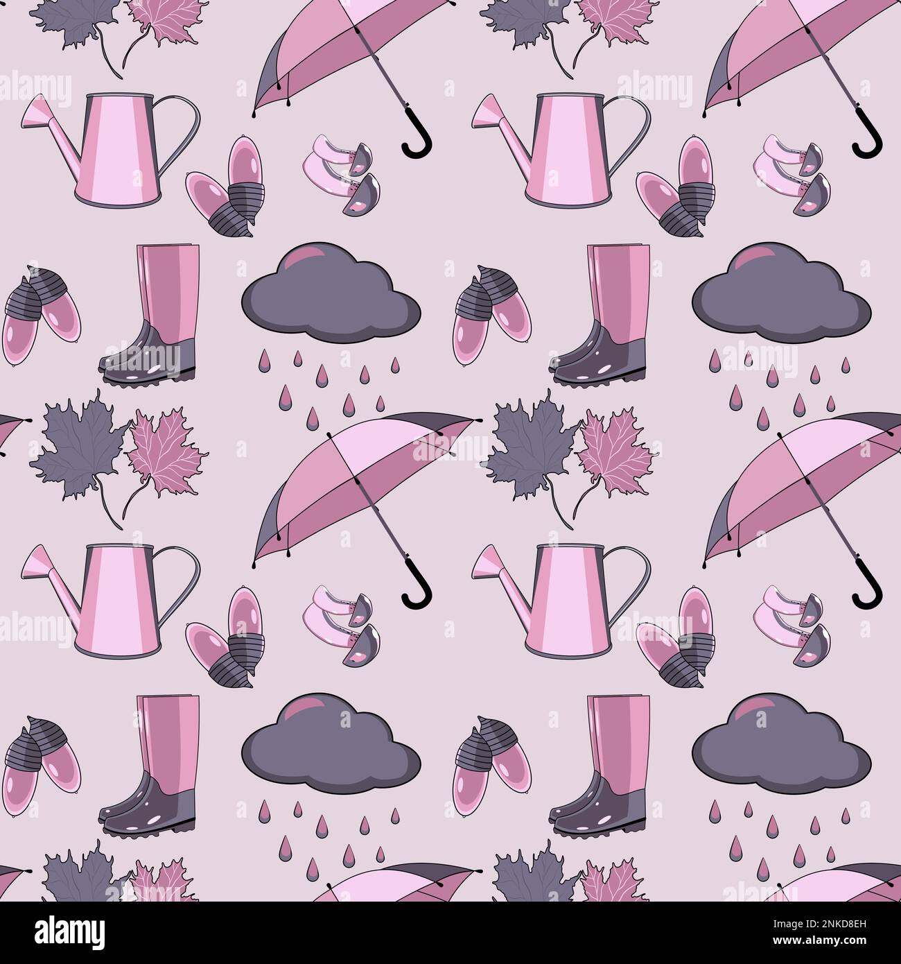 Modello senza cuciture con accessori autunnali, funghi, ghiande e foglie vettoriali Illustrazione Vettoriale