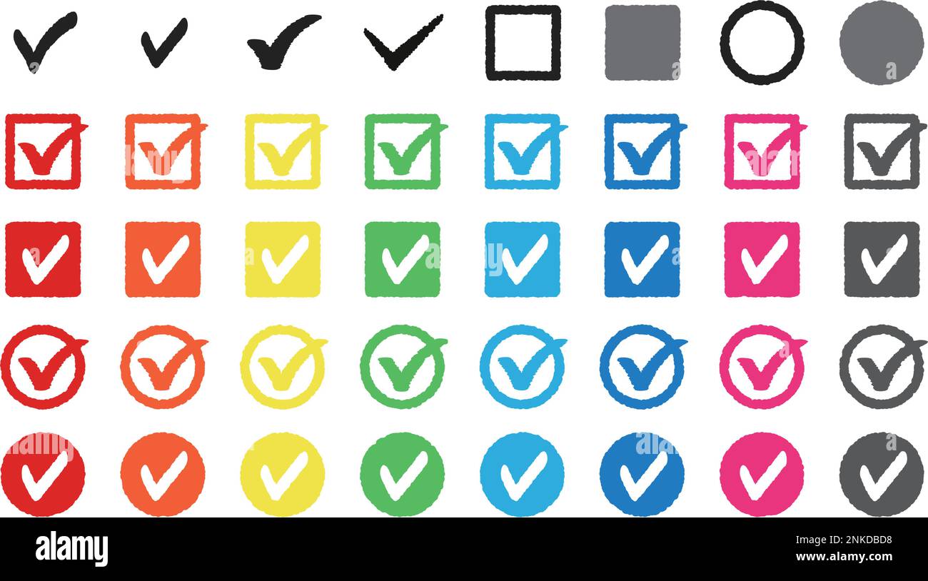 Set di icone del design del segno di spunta e dei pulsanti di controllo. Illustrazione vettoriale isolata su sfondo bianco. Illustrazione Vettoriale