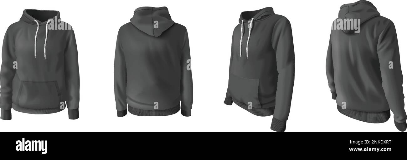 Realistiche felpe con cappuccio e felpe con cappuccio in figura vettoriale isolata di colore nero Illustrazione Vettoriale