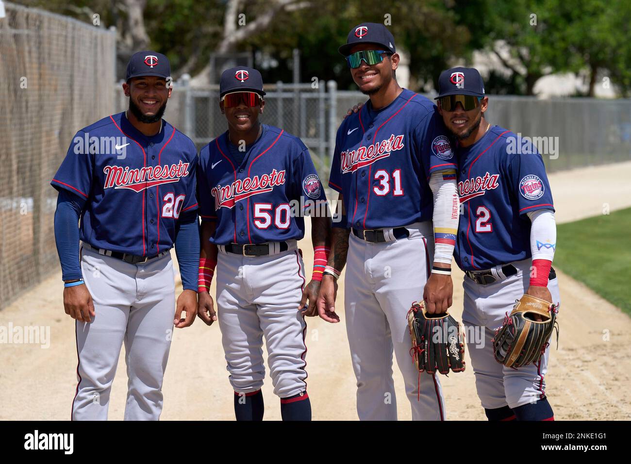 Minnesota Twins Emmanuel Rodriguez (20), Daniel Ozoria (50), Carlos Aguiar (31), and Jeferson Morales (2) before a MiLB Spring Training game against the Tampa Bay Rays on March 18, 2022 at the CenturyLink Sports Complex in Fort Myers, Florida. (Mike Janes/Four Seam Images via AP) Foto Stock