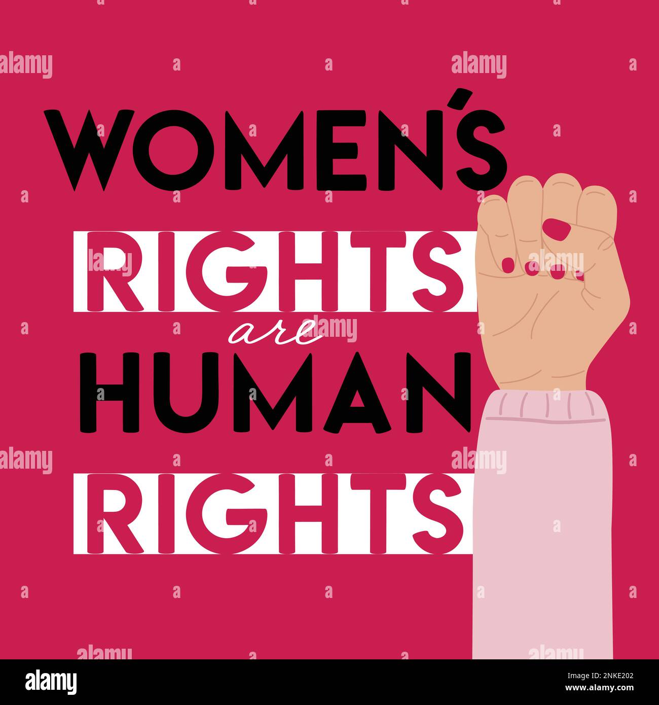 I diritti delle donne sono un poster dei diritti umani con il pugno sollevato. L'empowerment della donna, il potere della ragazza, la lotta per l'uguaglianza di genere, il femminismo e il concetto di sisterhood. Ha Illustrazione Vettoriale
